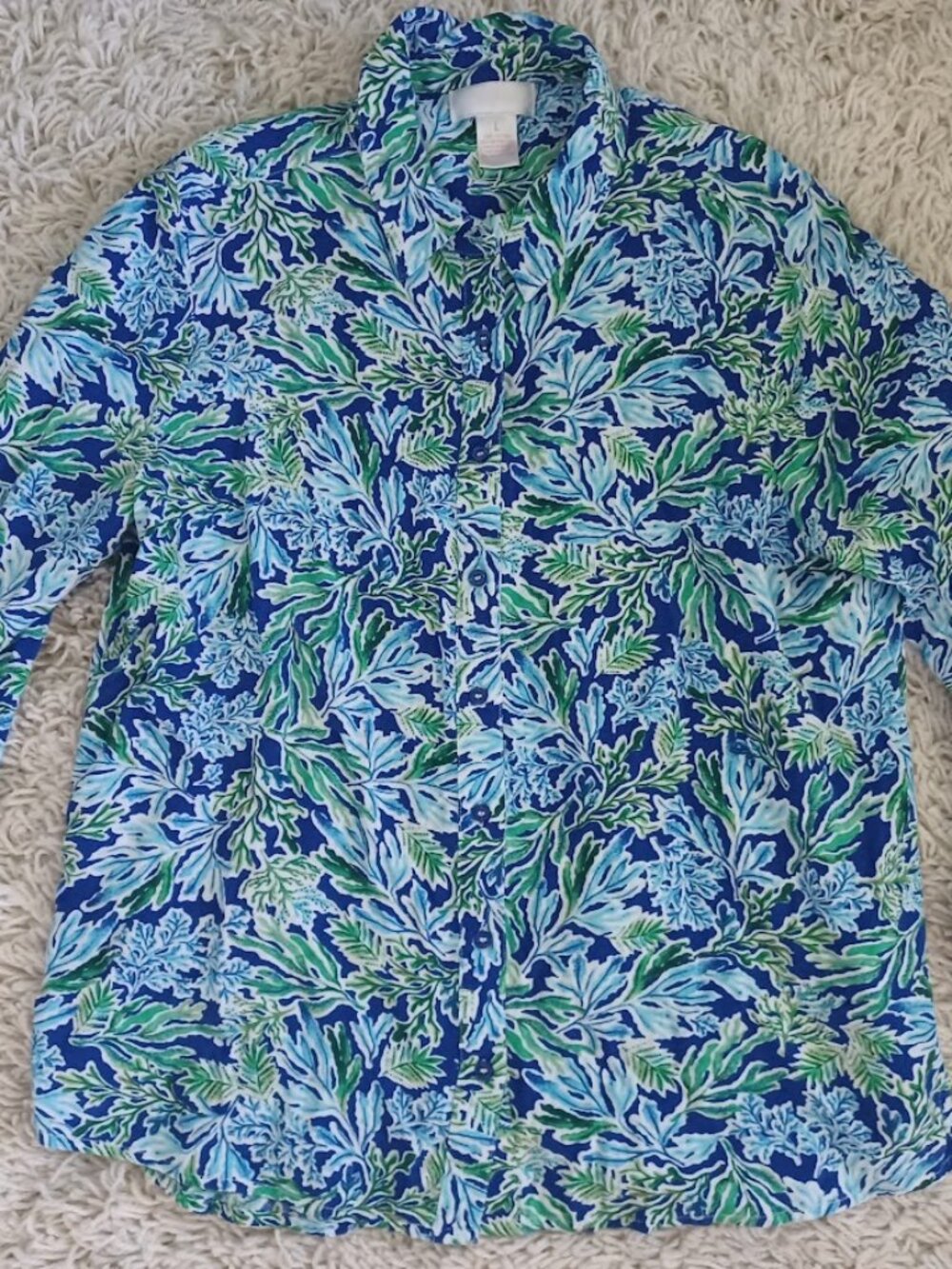 Stella Parker Collection Womens L Blue Green Floral Button Down Blouse Viscose
